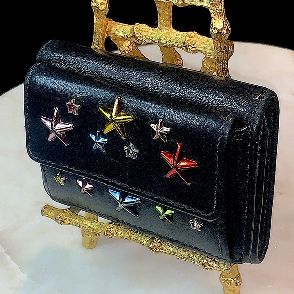 JIMMY CHOO NEMO BLACK RAINBOW STAR MIX TRIFOLD WALLET RARE LEATHER - Picture 3 of 15